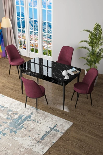 Canisa Concept Zen Serisi 80x132 Mdf Açılabilir Siyah Mermer Desen Masa Takımı Ve 4 Bordo Sandalye ürün görseli 1