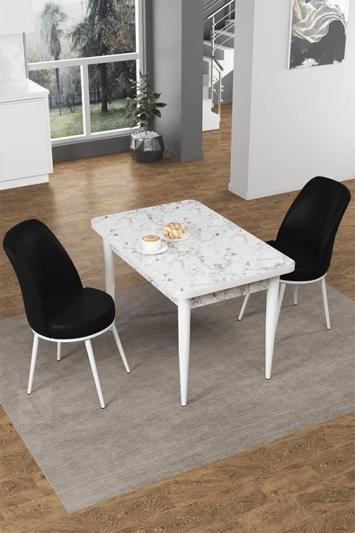 Canisa Concept Nil Serisi 70x110 Sabit Mutfak Masası Takımı Beyaz Mermer Desen Masa 2 Siyah Sandalye ürün görseli 1
