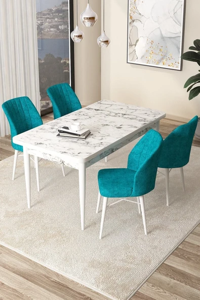 Canisa Concept Arp Serisi 70x110 Sabit Mutfak Masası Takımı Beyaz Mermer Desen Masa 4 Turkuaz Sandalye ürün görseli 1