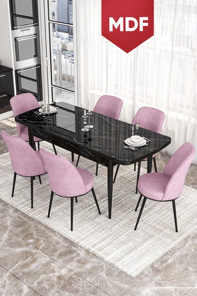 Canisa Kor Serisi 70x114 Açılabilir MDF Mutfak Masası Takımı Siyah Mermer Desen Masa 6 Pembe Sandalye ürün görseli 1