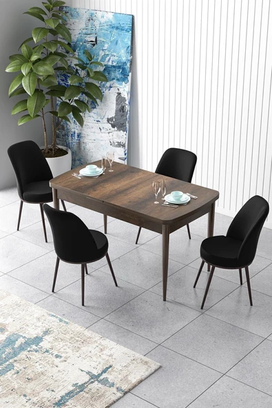 Canisa Concept Zen Serisi 80x132 Mdf Açılabilir Barok Ahşap Desen Masa Takımı Ve 4 Siyah Sandalye ürün görseli 1