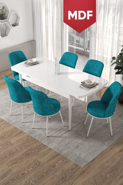Canisa Kor Serisi 70x114 Açılabilir MDF Mutfak Masası Takımı Beyaz Masa 6 Turkuaz Sandalye ürün görseli 1