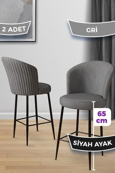 Canisa Alte Serisi 2 Gri Sandalye 65 Cm Ada Mutfak Bar Sandalyesi Babyface Kumaş Siyah Metal Ayaklı ürün görseli 1