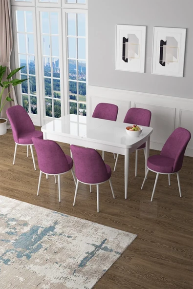 Canisa Concept Zen Serisi 80x132 Mdf Açılabilir Beyaz Mutfak Masası Takımı Ve 6 Mor Sandalye ürün görseli 1