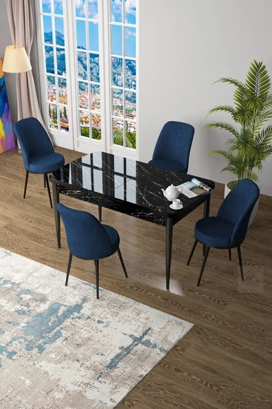 Canisa Concept Zen Serisi 80x132 Mdf Açılabilir Siyah Mermer Desen Masa Takımı Ve 4 Lacivert Sandalye ürün görseli 1