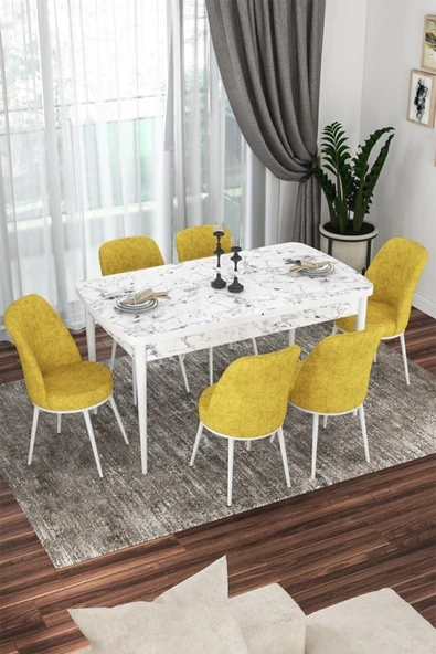 Canisa Concept Kor Serisi 70x114 Açılabilir Mutfak Masası Takımı Beyaz Mermer Desen Masa 6 Hardal Sandalye ürün görseli 1