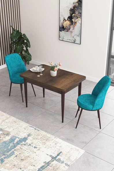 Canisa Concept Nil Serisi 70x110 Sabit Mutfak Masası Takımı Barok Desen Masa 2 Turkuaz Sandalye ürün görseli 1