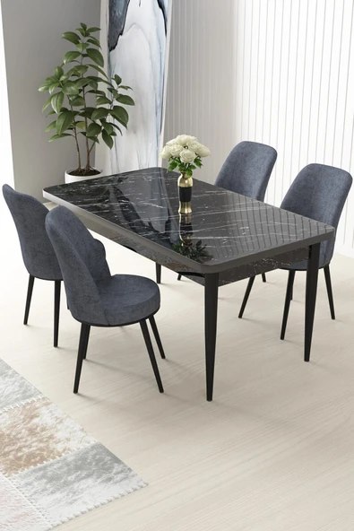 Canisa Concept Nil Serisi 70x110 Sabit Mutfak Masası Takımı Siyah Mermer Desen Masa 4 Füme Sandalye ürün görseli 1