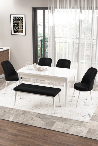 Canisa Concept Zen Serisi 80x132 Mdf Açılabilir Beyaz Masa Takımı 4 Siyah Sandalye Ve 1 Bench ürün görseli 1