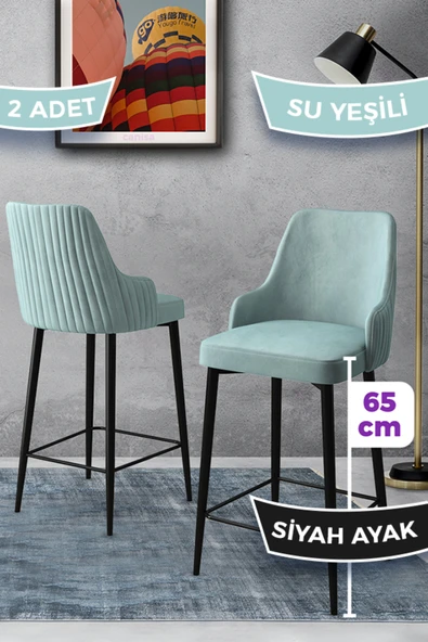 Canisa Tera Serisi 2 Su Yeşili Sandalye 65 Cm Ada Mutfak Bar Sandalyesi Babyface Kumaş Siyah Metal Ayaklı ürün görseli 1