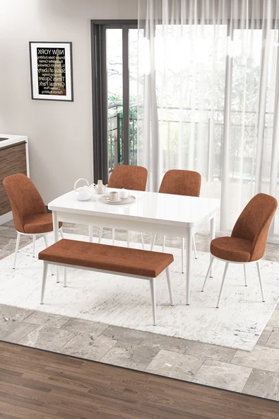 Canisa Concept Zen Serisi 80x132 Mdf Açılabilir Beyaz Masa Takımı 4 Kiremit Sandalye Ve 1 Bench ürün görseli 1