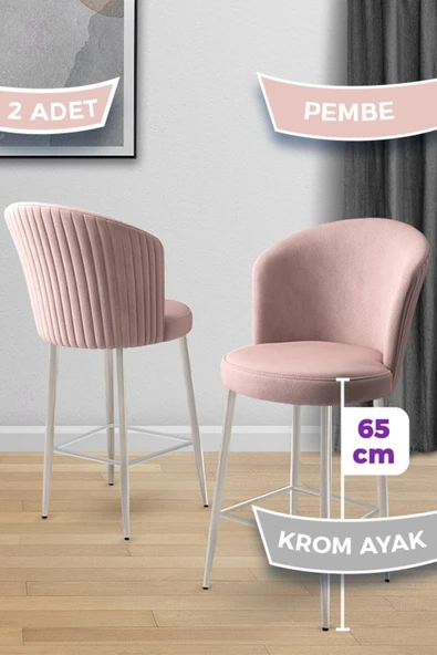 Canisa Alte Serisi 2 Adet Babyface Kumaş 65 cm Krom Kaplama Ayaklı Pembe Bar Sandalyesi ürün görseli 1