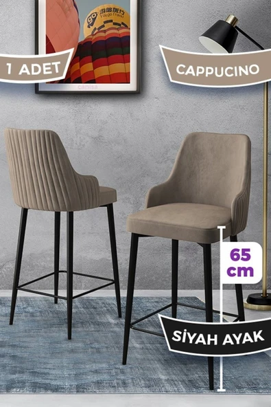 Canisa Tera Serisi 1 Adet 65 Cm Cappucino Ada Mutfak Bar Sandalyesi Babyface Kumaş Siyah Metal Ayaklı ürün görseli 1