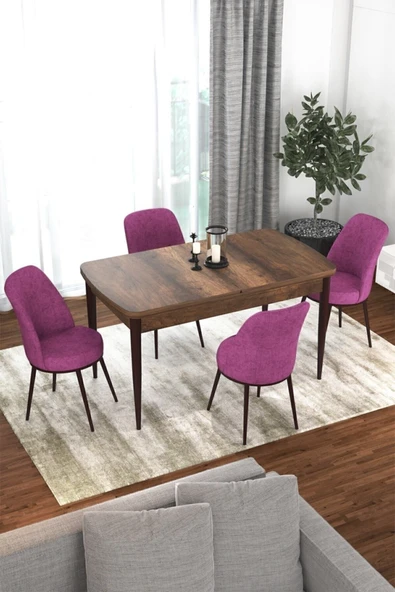 Canisa Concept Kor Serisi 70x114 Açılabilir Mutfak Masası Takımı Barok Desen Masa 4 Mor Sandalye ürün görseli 1