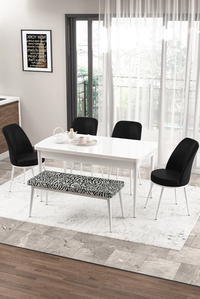 Canisa Concept Zen Serisi 80x132 Mdf Açılabilir Beyaz Masa Takımı 4 Siyah Sandalye Ve 1 Zebra Bench ürün görseli 1