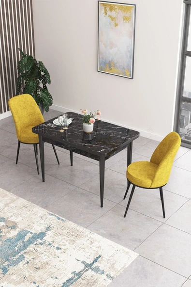 Canisa Concept Nil Serisi 70x110 Sabit Mutfak Masası Takımı Siyah Mermer Desen Masa 2 Hardal Sandalye ürün görseli 1