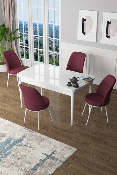 Canisa Concept Zen Serisi 80x132 Mdf Açılabilir Beyaz Masa Takımı Ve 4 Bordo Sandalye ürün görseli 1