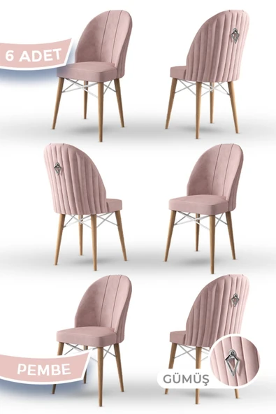Canisa Ritim Serisi 6 Adet Pembe Sandalye 1.sınıf Babyface Ithal Kumaş Doğal Ahşap Ayak Gümüş Halkalı ürün görseli 1