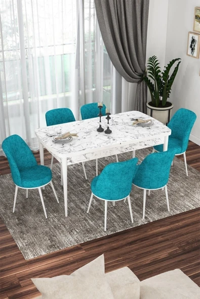 Canisa Concept Kor Serisi 70x114 Açılabilir Mutfak Masası Takımı Beyaz Mermer Desen Masa 6 Turkuaz Sandalye ürün görseli 1