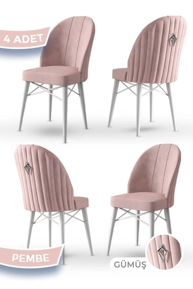 Canisa Ritim Serisi 4 Adet Pembe Sandalye 1.sınıf Babyface Ithal Kumaş Beyaz Gürgen Ayak Gümüş Halkalı ürün görseli 1