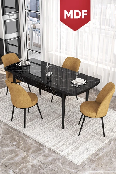 Canisa Concept Kor Serisi 70x114 Açılabilir MDF Mutfak Masası Takımı Siyah Mermer Desen Masa 4 Cappucino Sandalye ürün görseli 1