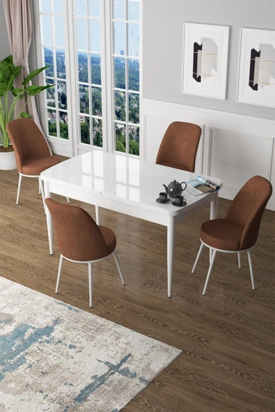 Canisa Concept Canisa Zen Serisi 1.sınıf Mdf Açılabilir Mutfak Masası Takımı Beyaz Masa +4 Kiremit Sandalye ürün görseli 1