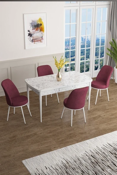 Canisa Concept Han Serisi 70x114, Açılabilir Mdf Mutfak Masa Takımı, Beyaz Mermer Desen Masa Ve 4 Bordo Sandalye ürün görseli 1