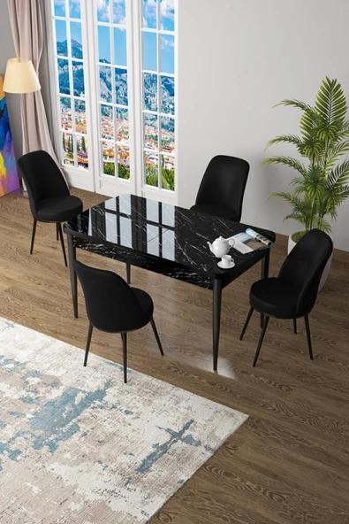 Canisa Concept Zen Serisi 80x132 Mdf Açılabilir Siyah Mermer Desen Masa Takımı Ve 4 Siyah Sandalye ürün görseli 1
