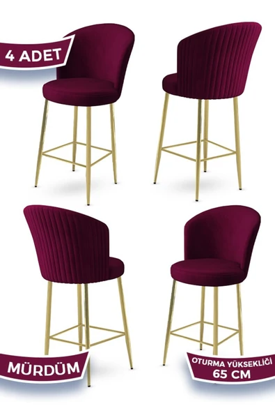 Canisa Alte Serisi 4 Adet Babyface Kumaş 65 cm Gold Kaplama Ayaklı Mürdüm Bar Sandalyesi ürün görseli 1