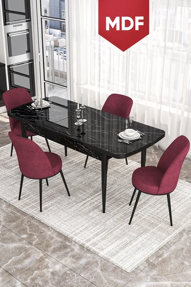 Canisa Concept Kor Serisi 70x114 Açılabilir MDF Mutfak Masası Takımı Siyah Mermer Desen Masa 4 Bordo Sandalye ürün görseli 1