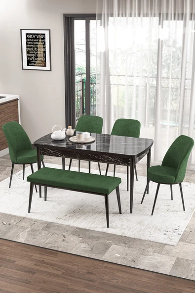 Canisa Concept Zen Serisi 80x132 Mdf Açılabilir Siyah Mermer Desen Masa Takımı 4 Haki Yeşil Sandalye Ve 1 Bench ürün görseli 1