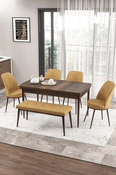 Canisa Concept Zen Serisi 80x132 Mdf Açılabilir Barok Ahşap Desen Masa Takımı 4 Cappucino Sandalye Ve 1 Bench ürün görseli 1