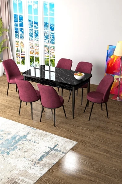 Canisa Concept Zen Serisi 80x132 Mdf Açılabilir Siyah Mermer Desen Masa Takımı Ve 6 Bordo Sandalye ürün görseli 1