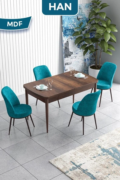 Canisa Han Serisi, 70x114 Açılabilir Mdf Masa Takımı,barok Ahşap Desen Masa, 4 Siyah Sandalye ürün görseli 1