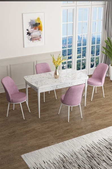 Canisa Concept Han Serisi 70x114 Açılabilir Mdf Mutfak Masa Takımı Beyaz Mermer Desen Masa ve 4 Pembe Sandalye ürün görseli 1
