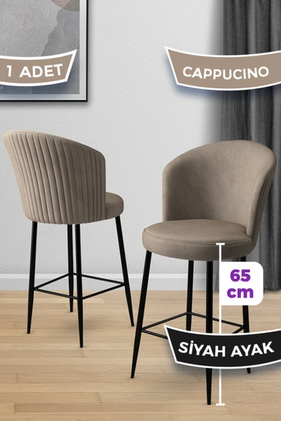 Canisa Alte Serisi 1 Adet 65 Cm Cappucino Ada Mutfak Bar Sandalyesi Babyface Kumaş Siyah Metal Ayaklı ürün görseli 1