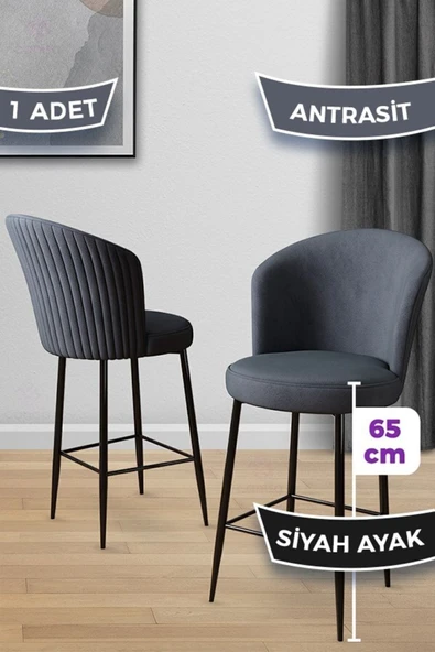 Canisa Alte Serisi 1 Adet 65 Cm Antrasit Ada Mutfak Bar Sandalyesi Babyface Kumaş Siyah Metal Ayaklı ürün görseli 1