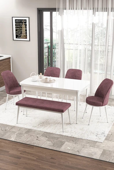 Canisa Concept Zen Serisi 80x132 Mdf Açılabilir Beyaz Masa Takımı 4 Gül Kurusu Sandalye Ve 1 Bench ürün görseli 1