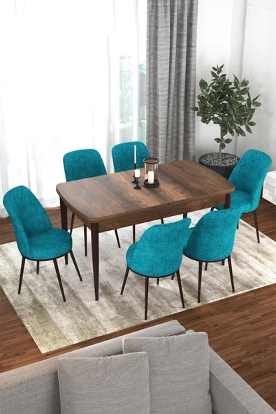 Canisa Concept Kor Serisi 70x114 Açılabilir Mutfak Masası Takımı Barok Desen Masa 6 Turkuaz Sandalye ürün görseli 1