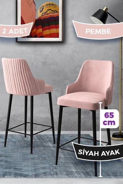 Canisa Tera Serisi 2 Pembe Sandalye 65 Cm Ada Mutfak Bar Sandalyesi Babyface Kumaş Siyah Metal Ayaklı ürün görseli 1
