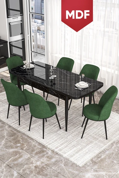 Canisa Concept Kor Serisi 70x114 Açılabilir MDF Mutfak Masası Takımı Siyah Mermer Desen Masa 6 Haki Yeşil Sandalye ürün görseli 1