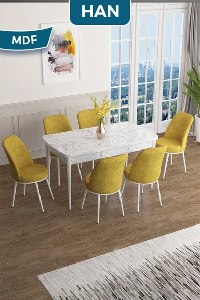 Canisa Han Serisi, 70x114 Açılabilir Mdf Masa Takımı, Beyaz Mermer Desen Masa Ve 6 Hardal Sandalye ürün görseli 1