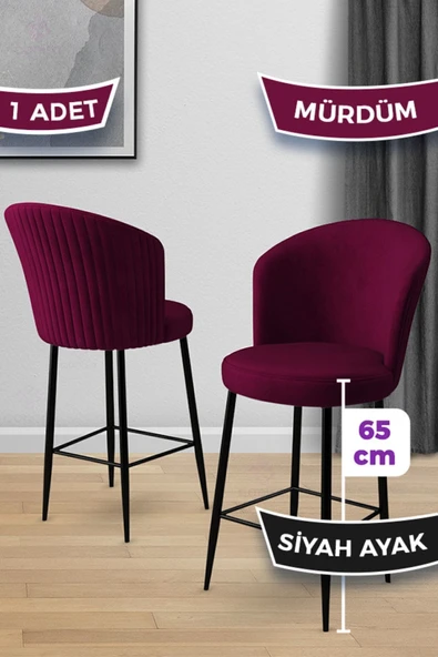 Canisa Alte Serisi 1 Adet 65 Cm Mürdüm Ada Mutfak Bar Sandalyesi Babyface Kumaş Siyah Metal Ayaklı ürün görseli 1
