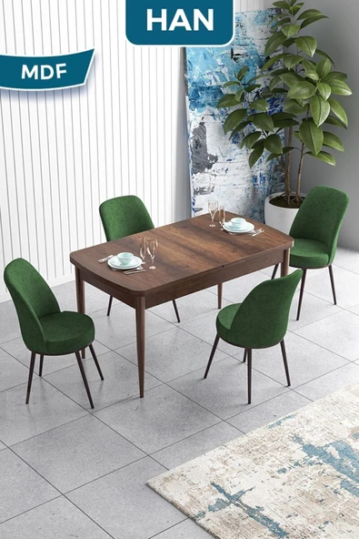 Canisa Han Serisi, 70x114 Açılabilir Mdf Masa Takımı,barok Ahşap Desen Masa, 4 Haki Yeşil Sandalye ürün görseli 1
