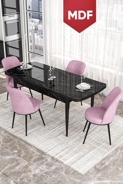 Canisa Kor Serisi 70x114 Açılabilir MDF  Mutfak Masası Takımı Siyah Mermer Desen Masa 4 Pembe Sandalye ürün görseli 1