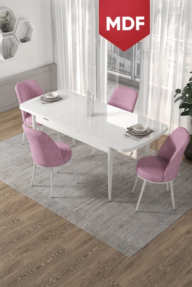 Canisa Concept Kor Serisi, 70x114 Açılabilir MDF Beyaz Yemek Masası Takımı,4 Pembe Sandalye ürün görseli 1