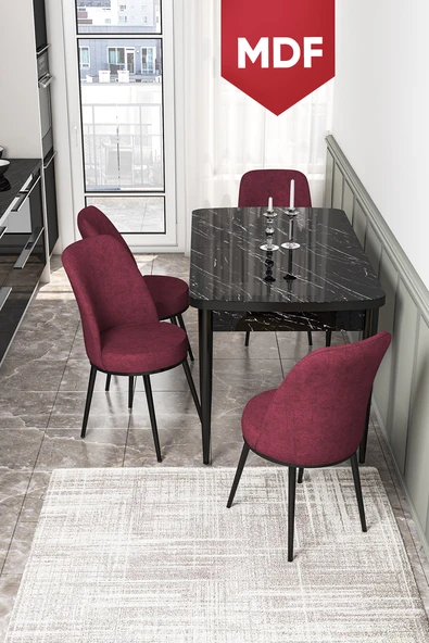 Canisa Concept Kor Serisi, 70x114 Açılabilir MDF Yemek Masası Takımı, Siyah Mermer Desen Masa Ve 4 Bordo Sandalye ürün görseli 1