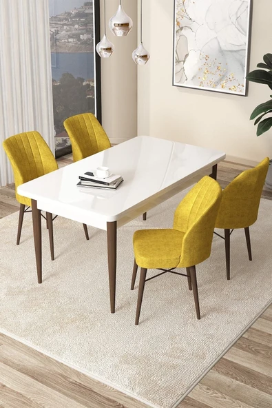 Canisa Concept Arp Serisi 70x110 Sabit Mutfak Masası Takımı Beyaz Ceviz Masa 4 Hardal Sandalye ürün görseli 1
