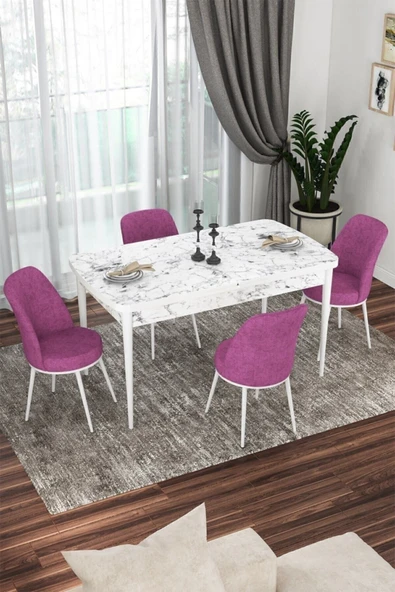 Canisa Concept Kor Serisi 70x114 Açılabilir Mutfak Masası Takımı Beyaz Mermer Desen Masa 4 Mor Sandalye ürün görseli 1