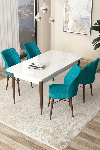 Canisa Concept Arp Serisi Sabit Mutfak Masası Takımı 70x110 Beyaz Ceviz Masa 4 Turkuaz Sandalye ürün görseli 1